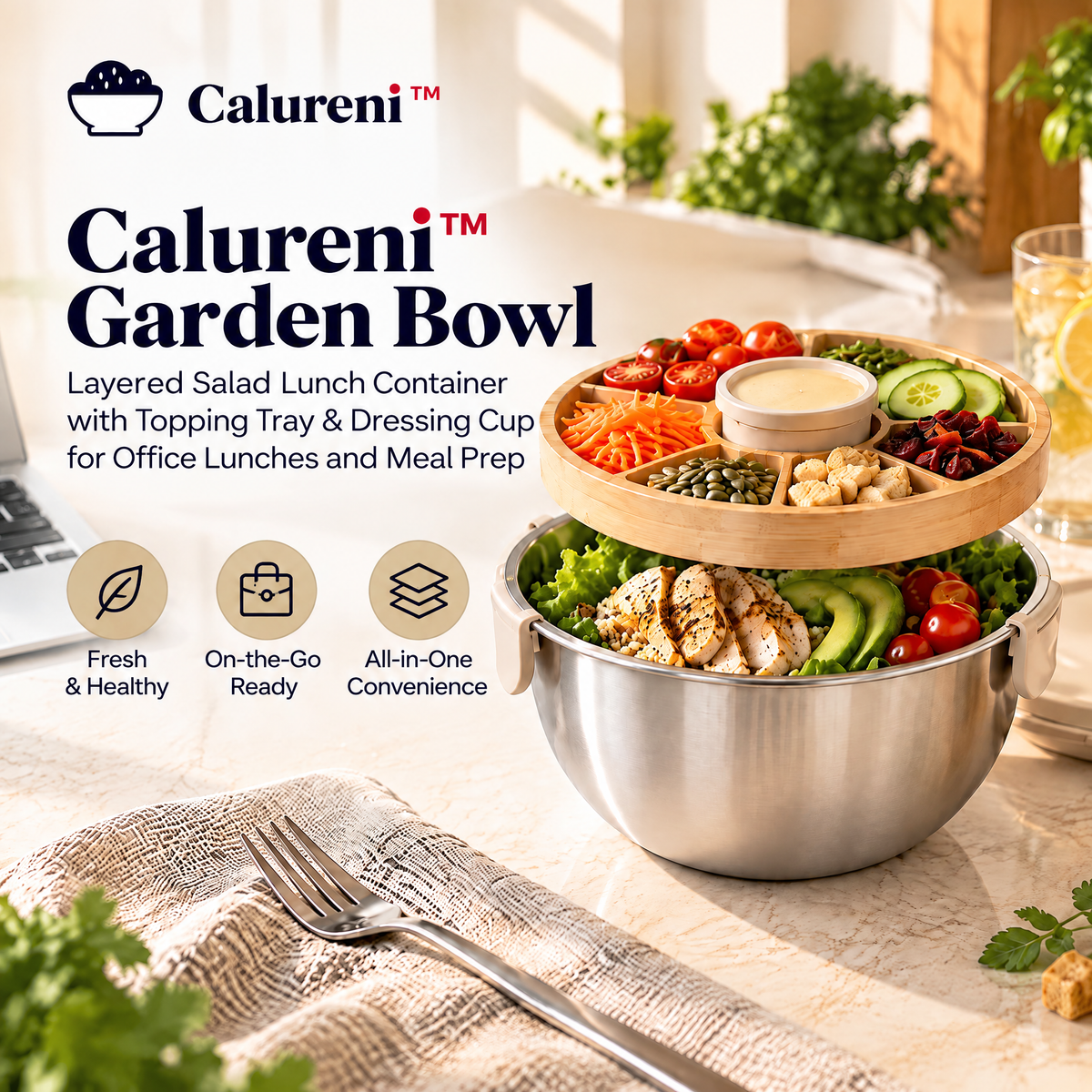 Calureni™ Garden Bowl – Layered Salad Lunch Container with Topping Tray & Dressing Cup for Office Lunches and Meal Prep