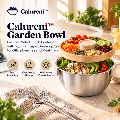 Calureni™ Garden Bowl – Layered Salad Lunch Container with Topping Tray & Dressing Cup for Office Lunches and Meal Prep